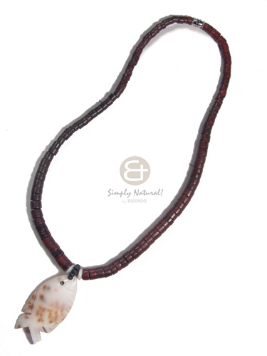 graduated coco heishe in dark marron tone  cowrie tiger shell/50mmx25mm fish design pendant /16in - Home