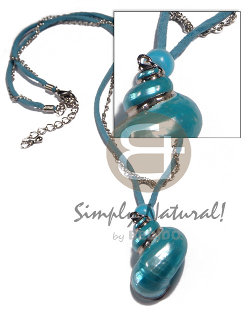 aqua blue leather thong  metal chain accent and turquoise turbo shell pendant(approx.  35mm - varying natural sizes ) molten silver metal series /  attached jump rings / electroplated / st-12 / 16in - Home