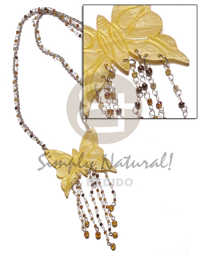 tassled yellow 50mm butterfly hammershell pendant in metal chain & metal looping  glass beads accent - Home