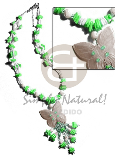 white rose/neon green white rose combination  glass beads & 40mm butterfly nat. hammershell  dangling tassled shells - Home