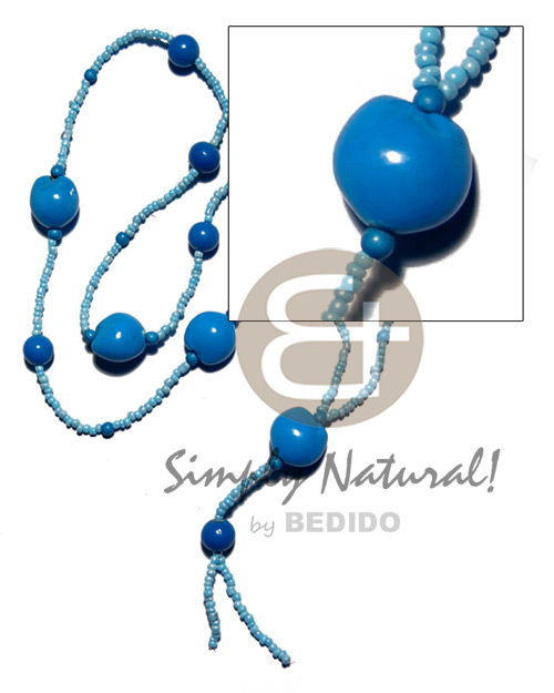 tassled kukui seeds in baby blue  matching glass and wood beads combination / 44 in. - Home