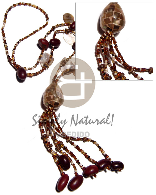 dangling oval brownlips & beans accent  in glass beads  30mmx22mm brownlip teardrop cracking accent  tassled beans ( 26 in. plus 3 in. tassle ) - Home