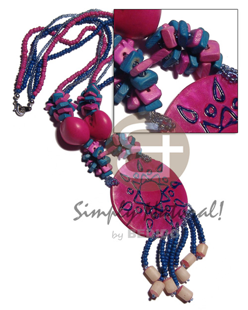 3 layers 2-3mm coco Pokalet  and glass beads  kukui nuts, coco squarecut and tassled buri seeds and 60mm hapdpainted and laminated 60mm capiz shell / navy blue and fuschia pink tones  / 22in. - Home
