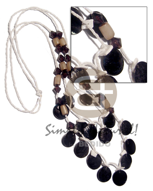 2 graduated layers( 32in/27in ) white cut beads   acrylic crystals, buri seeds, white rose and dangling 20mm round 15 pcs. blacktab shells /black and white tones /  32. in - Home