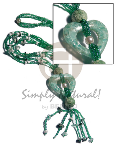 3 rows green glass beads  white rose splashing/texture  marbled  15mm round wood beads accent and tassled resin jade 45mm heart pendant / 26in plus 2.5in tassles - Home