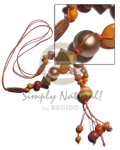 2 layers tassled wax cord  asstd. wood beads combination in orange tones and 20mm gold and wrapped round 20mm wood bead / 28in plus 3in tassles - Home