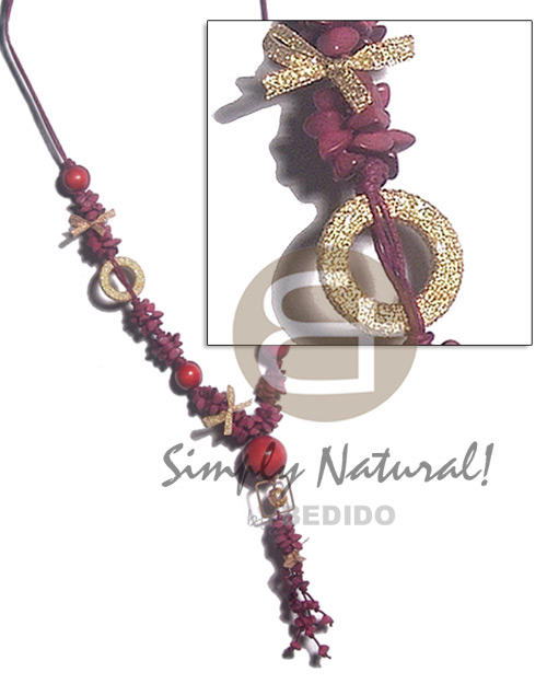 4 rows tassled and  knotted wax cord  buri seed nuggets in plum tones  dark red round wood beads, glitter wrapped wood rings and ribbons / 30in /ext. chain - Home