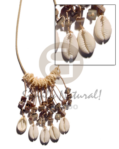 spaghetti choker /dangling sigay  & hammershell  nuggets on beige leather thong  beads - Home