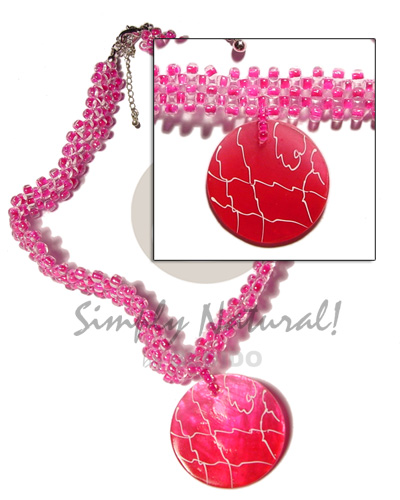 fuschia pink glass beads flat choker  matching 40mm round fuschia pink capiz shell  webbing - Home