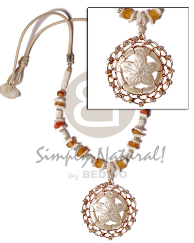 carved round floral MOP  brass wire & glass beads in wax cord  white rose,white clam and horn beads - Home