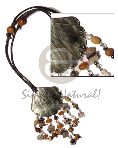 45mm blacklip  dangling shell, wood & horn beads looping tassles on adjustable wax cord - Home