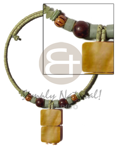 olive green 2-3mm coco heishe wire choker  buri & wood beads accent  dangling two 30mmx15mm rectangular MOP  resin backing pendant - Home