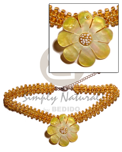 yellow gold glass beads flat choker  matching 40mm  flower MOP  skin nectar pendant - Home
