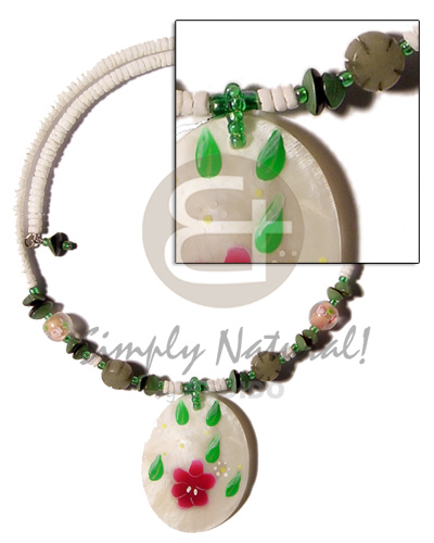 3-4mm white clam wire choker buri beads accent & 45mm handpainted oval hammershell pendant - Home