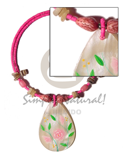 2-3mm pink coco heishe wire choker  buri & shells accent and 45mm handpainted teardrop hammershell  pendant - Home