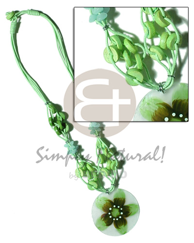4 layer knotted bright green cord  coco pokalet & buri accent and 40mm  handpainted capiz pendant - Home