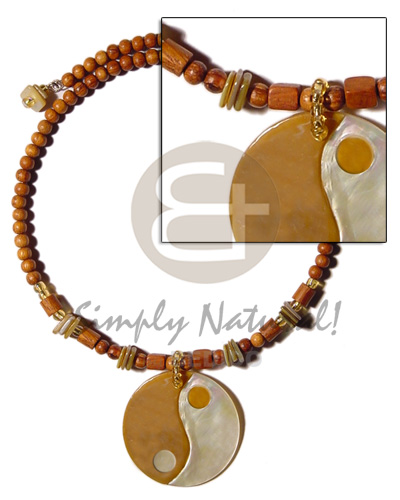 robles wood beads choker wire  shell accent & MOP round yin yang 40mm pendant - Home
