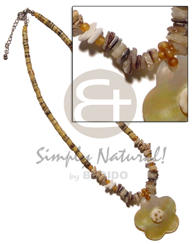 yellow hammershell heishe  buri seed, horn beads & sq, cut shell accent  40mm scallop MOP  cowrie shell nectar - Home