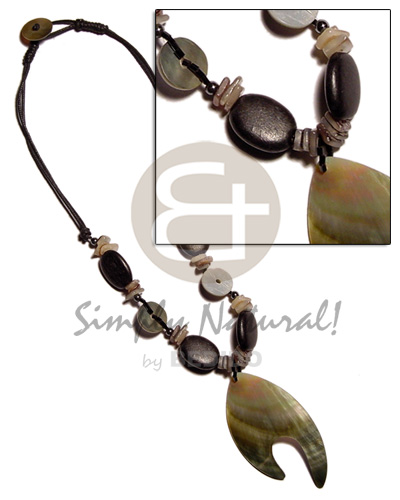 45mm blacklip pendant in double wax cord  wood & shell beads accent - Home