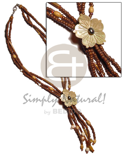 3 rows 2-3mm tassled nat. brown coco Pokalet., bamboo, wood bead, shell combination   40mm flower MOP - Home