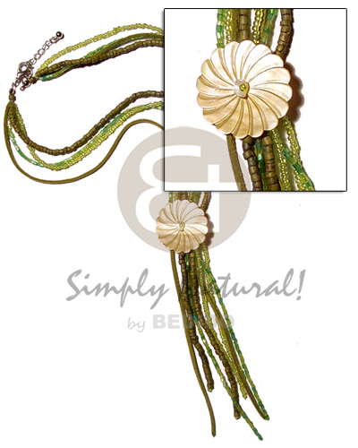 4 layer green tones tassled 2-3mm coco heishe & glass beads  35mm flower MOP accent - Home