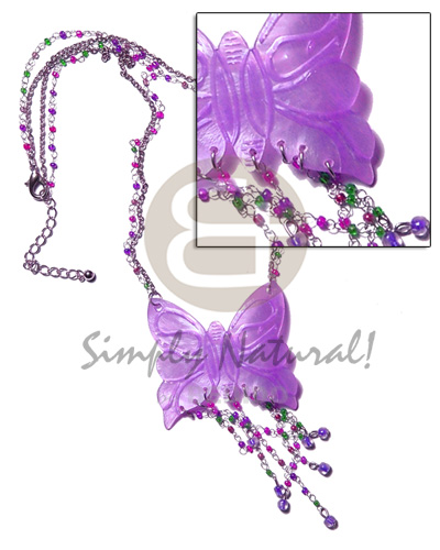 tassled lavender 50mm butterfly hammershell pendant in metal chain & metal looping  glass beads accent - Home