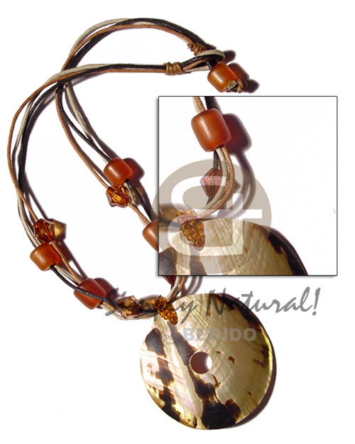 3 layers wax cord  amber bone cylinder & crystals accent  50mm round blacklip tiger pendant - Home