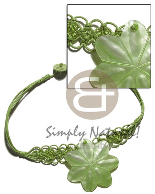 subdued green wax cord macrame choker  40mm hammershell flower - Home