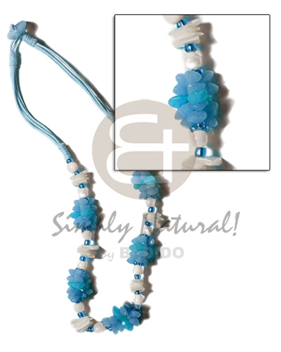 aqua blue 3 layer wax cord  buri seeds, shell & white rose beads combination - Home