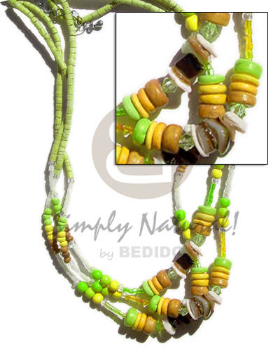 3 rows 2-3mm  lime green coco. heishe / 2-3mm & 7-8m coco Pokalet. / sq. cut brownlip  cut beads combination - Home