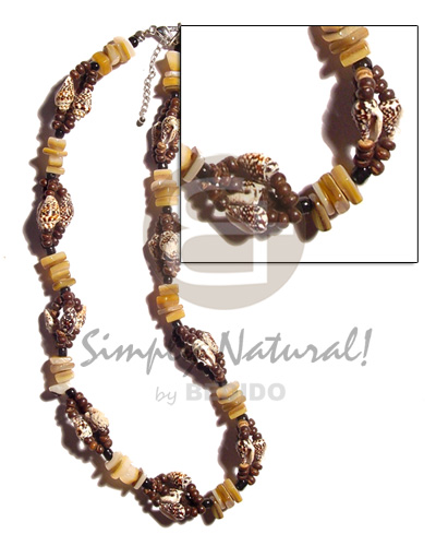 nassa tiger  sq. cut brownlip, 2-3mm coco nat. brown Pokalet., gold lip sq. cut & glass beads combination - Home