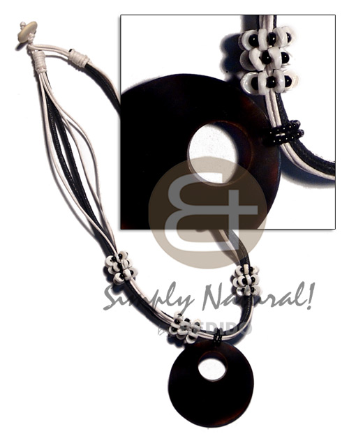 5 layers wax cord  white clam & glass beads combination & 40mm black horn  pendant - Home