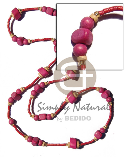pink wood beads in 2-3mm red coco heishe neckline / 36 in - Home