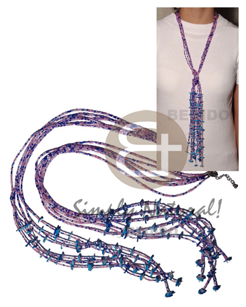 scarf necklace - 7 rows pink/purple cut glass beads  tassled white rose shell in blue / 46 in. - Home