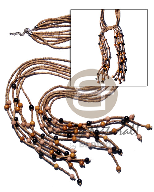 scarf necklace - 6 rows 2-3mm coco heishe tiger  8mm asstd. round wood beads accent / 44 in. - Home