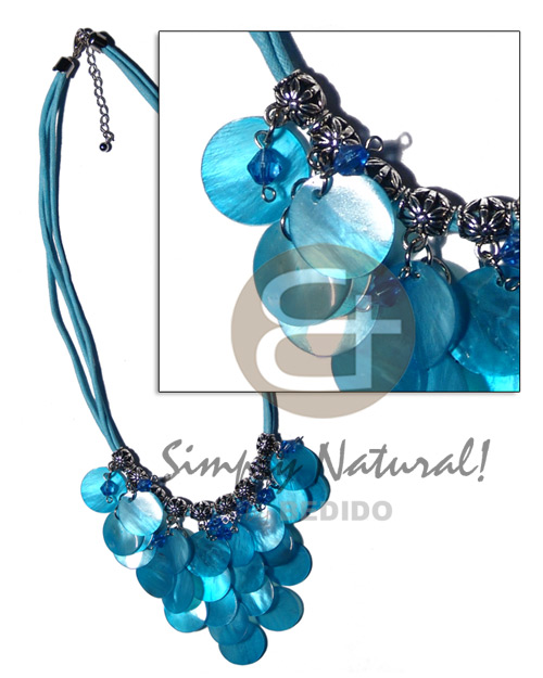 cleopatra- dangling 18mm ( 25pcs.) bright blue hammershell  metal & acrylic crystals accentaccent in triple bright blue  wax cord - Home