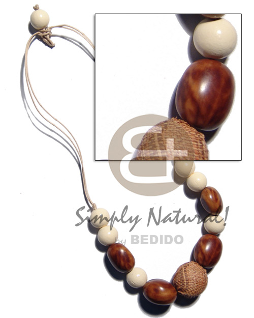 15mm buffed white wood beads  rubber seed and 20mm wrapped in abaca wood beads combination in double wax cord / 28 in - Home