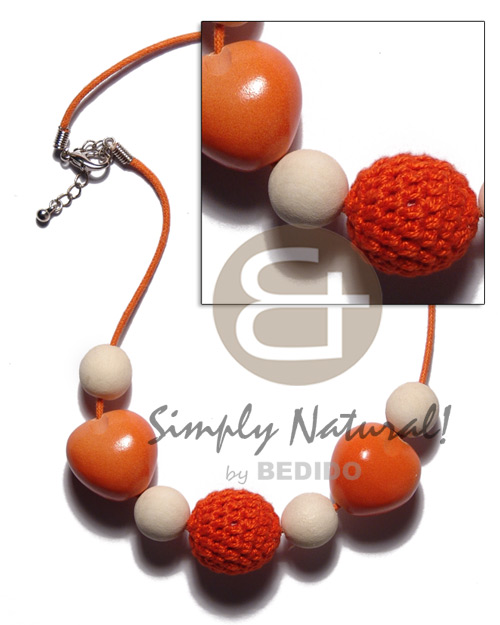 20mm round orange crochet wood beads, orange kukui nuts and wood beads combination in orange wax cord - Home