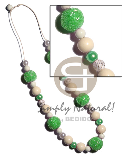 20mm wrapped wood beads in lime green cut glass beads  15mm /10mm buffed bleached wood beads , pearl combination in wax cord / 28 in - Home