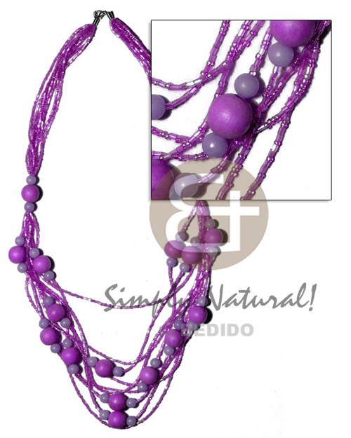 5 rows  graduated multilayered  cut glass beads   buri seeds and wood beads accent/lilac tones / 32 in - Home
