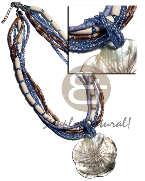 6 rows bleach white wood tube, glass beads, sig-ed , 2-3mm light blue coco heishe  60mm scallop blacklip pendant - Home