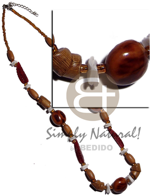 rubber seeds  red horn leaves, robles , dyed nat. wood capsule , white rose shell & glass beads combination / 22 in. - Home