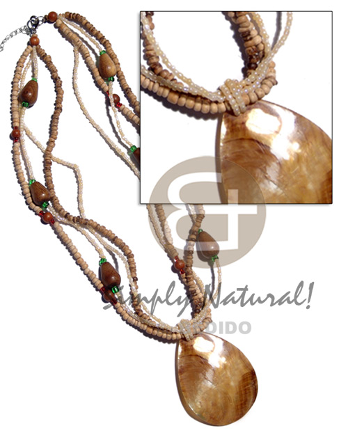 4 rows 2-3mm coco Pokalet, glass beads  wood robles wood beads accent and 55mm teardrop MOP  skin pendant - Home