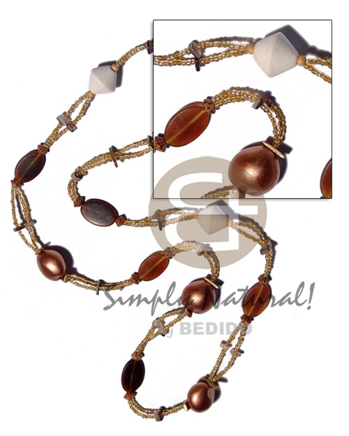 2 layers golden glass beads  flat oval amber horns, bronze kukui nuts, hammershell sq. cut nat. white wood and palmwood beads combination / 36 in. - Home