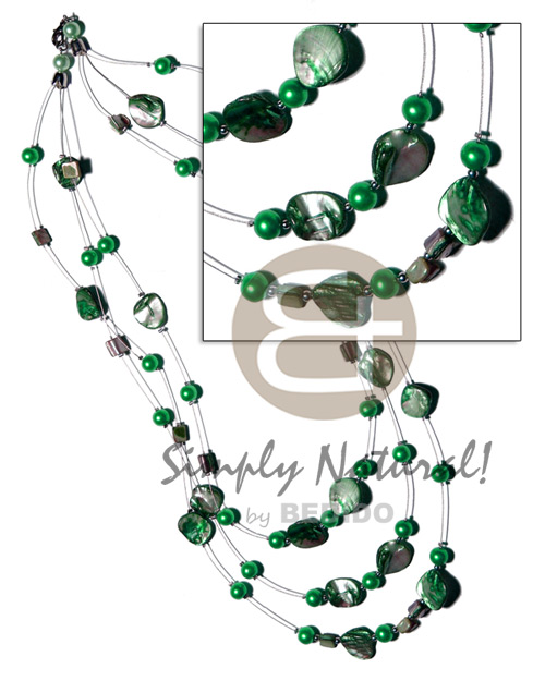 floating green kabibe shell nuggets in 3 graduated rows of magic wire  28" / 24" / 22"   pearl beads accent - Home