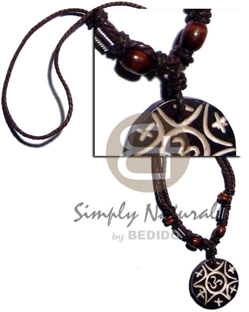 tribal carved 30mm round wooden  pendant  coco Pokalet/wood beads accent in double wax cord / 23in. - Home