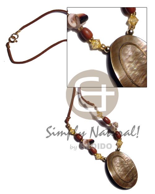 wax cord  shell & wood beads accent and 40mmx25mm oval  brownlip pendant  inlaid metal ring and resin backing - Home