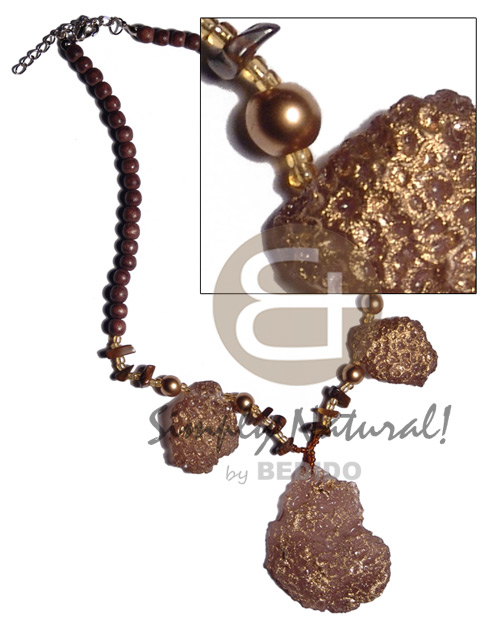 brown nat. wood beads   55mmx42mm / 32mmx25mm resin nugget pendants  gold metallic dust & shell chips accent - Home