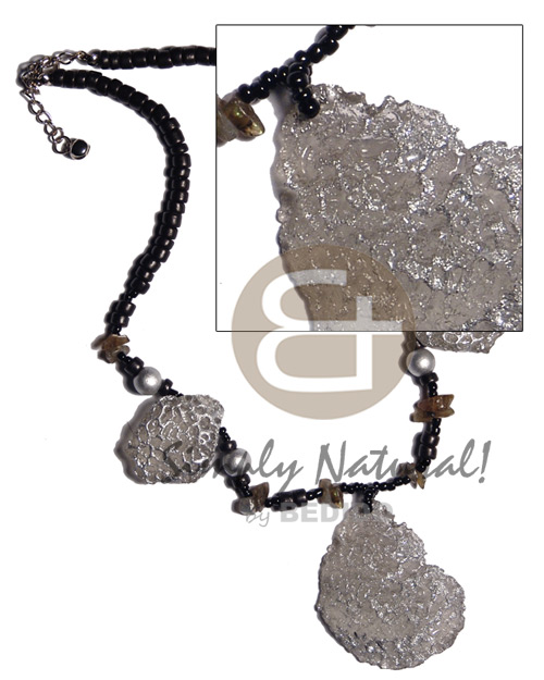 black 4-5mm coco Pokalet   55mmx42mm / 32mmx25mm resin nugget pendants  silver metallic dust & shell chips accent - Home