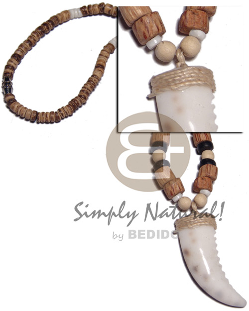 50mmx15mm cowrie shell fang pendant in 4-5mm coco Pokalet tiger.white clam and wood beads combination - Home